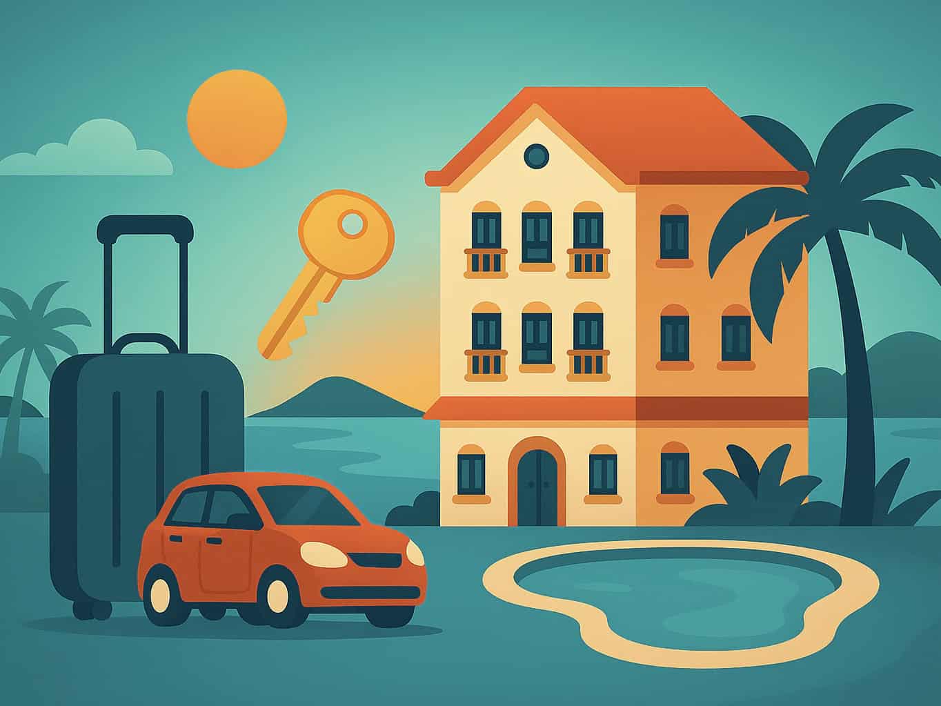 Clés de voyage à côté d'une maison de style tropical, avec une valise, une voiture, et un paysage insulaire avec palmiers sous un ciel ensoleillé.