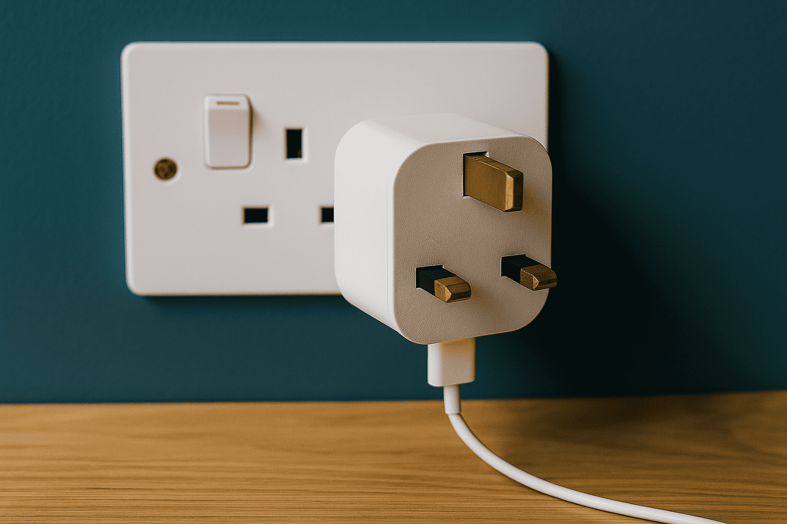 Prise électrique britannique avec adaptateur, alimentation électrique moderne pour l'Europe, connecteur électrique white, prise murale moderne avec câble d'alimentation.